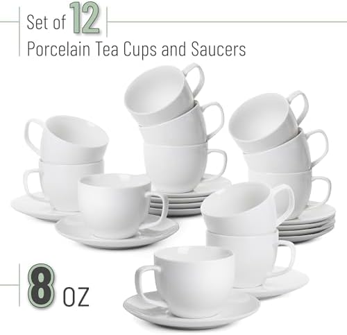 BTaT- Cappuccino Cups with Saucers 8 oz, Set of 12, White Porcelain Coffee Cup and Saucer Set for Latte, Mocha, Tea, Au Lait, Flat White, Dishwasher, Microwave, Freezer and Oven Safe (Pack of 2) - Image 2