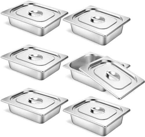 6 Pack Hotel Pans 1/2 Size 2.5" Deep Stainless Steel Steam Table Pan w/Lids by TSUBOR