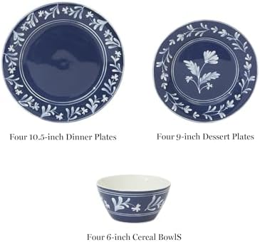 Martha Stewart Dinnerware Set- Maiden Crown 12-Piece Sky Blue Dishes – New Bone China Ceramic Plates & Bowls – Floral Design – Service for 4 – Microwave & Dishwasher Safe - Image 3