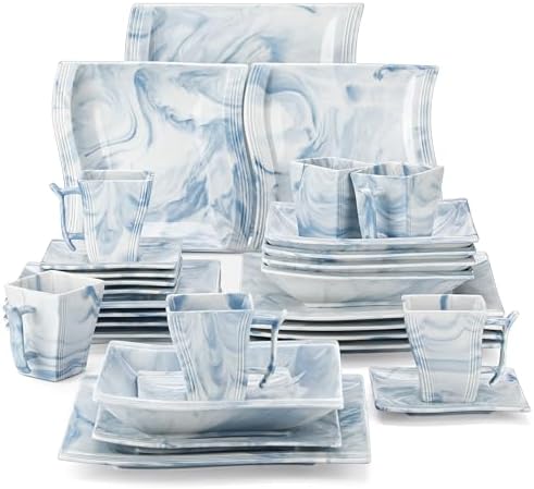 MALACASA Dinnerware Sets for 6, 30 Piece Porcelain Plates and Bowls Sets, Square Dish Set with Dinner Plate and Bowl, Cup and Saucer, Blue Dishes Dinnerware Set, Modern Dishware Sets, Series Flora by MALACASA