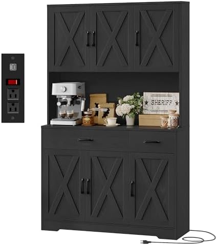 HOSTACK 71" H Kitchen Pantry Storage Cabinet,Farmhouse Hutch Cabinet, Black by HOSTACK