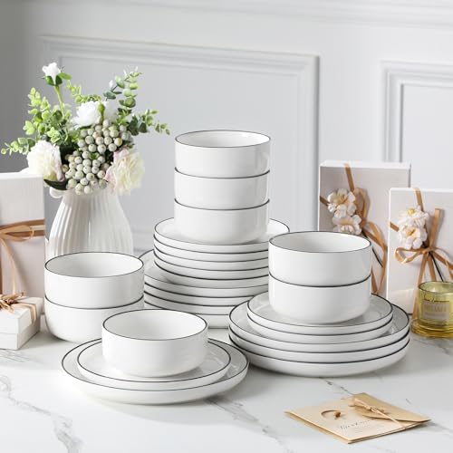 MALACASA Plates and Bowls Sets, 24 Pieces Modern Porcelain Dinnerware Set for 8 White Kitchen Dinner Dining Ware Set wtih Black Rim Ceramic Dishware Dishes Microwave and Dishwasher Safe, Series LUNA - Image 6