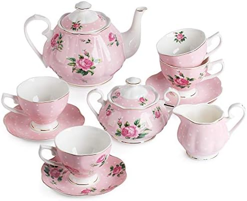 BTaT- Floral Tea Sets for Adults, 13 pcs, Service for 4, Pot (38 oz) & Cups (8 oz) with Saucers, Pastel Pink Floral Design with Gift Box, Porcelain Tea Set for Adult, Dishwasher Safe by BrewToATea
