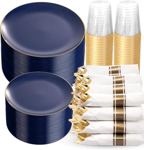 KIRE 350Pcs Blue and Gold Plates -Heavy Duty Navy Blue Dinnerware Set - 100 Plastic Plates 50 Pre Rolled Napkins with Gold Plastic Silverware 50 Cups for Party/Wedding/Birthday/Christmas/Hanukkah by KIRE