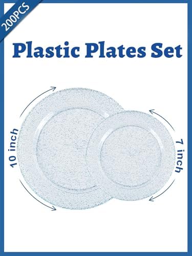 WDF 200PCS Blue Plastic Plates - Blue Glitter Plastic Plates - Heavy Duty Disposable Plates - Include 100 Dinner Plates 10" and 100 Dessert Plates 7" for Parties/Wedding/Birthday - Image 2