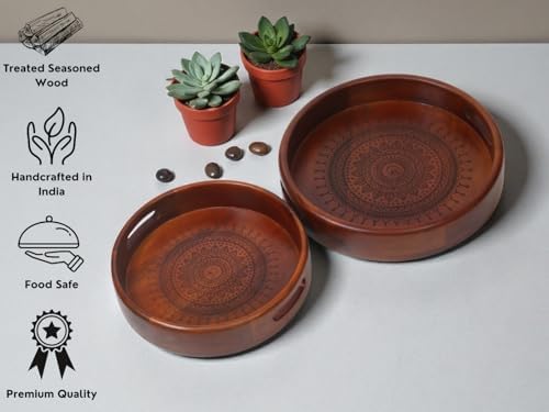 Vesta Homes Set of 2 Aurelia Premium Wood Round Serving Tray for Home/Kitchen/Restaurant/Office Organizer/Dining Table|Premium Wooden Trays|35.5 X 35.5 ; 30.5 x 30.5 cm | Handcrafted in India - Image 4