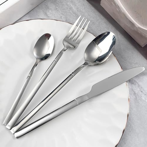 Silverware Set for 4 Modern 16 Piece 18/10 Stainless Steel Square Flatware Set Nice Weight Mirror Polished Kitchen Utensils Cutlery Sets for Home Restaurant Wedding Tableware Dishwasher Safe by TWEESilverwareSet