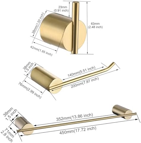 RANDOM Brushed Gold Bathroom Hardware Set SUS304 Stainless Steel Brushed Gold Towel Bar Set Includ 18 inch Towel Bar Toilet Paper Holder and 2 Towel Hooks Wall Mounted.96068S-4BG - Image 2
