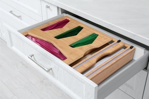 Bamboo Food Bag Organizer with Foil and Plastic Wrap Organizer, Kitchen Drawer Organizer, Wrap Dispenser with Cutter, for Gallon, Quart, Sandwich, Snack Bags and 12" Roll (Natural Bamboo) - Image 2