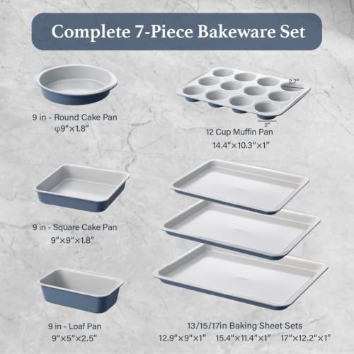 Carote 7Pieces Baking Pans Set Nonstick, Premium Carbon Steel Non Toxic Stackable Bakeware Sets for Kitchen, Scratch-Resistant, Oven Bake Sheets for Baking, Cake Pan, Roasting Pan, Muffin Pan, Blue - Image 2