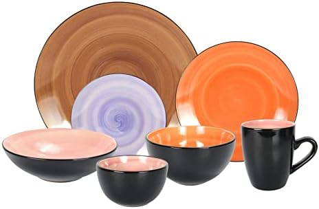 HomeVss, Stoneware Sonoma Dinnerware Set, Black + Speckled Spin Wash (56pc Set, Mix Cobalt, Mocha, Rose, Spice) by HomeVSS
