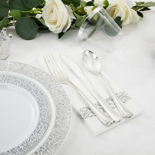 WELLIFE 350pcs Silver Party Dinnerware Set for 50 Guests, Silver Wedding Plates Disposable Heavy Duty, Including :50 Dinner Plates, 50 Dessert Plates, 50 Cups, 50 Napkins, 50 Sliver Silverware Set - Image 6