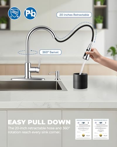 WEWE Kitchen Faucet with Soap Dispenser, Pull-Down Sprayer, Polished Chrome - Image 3