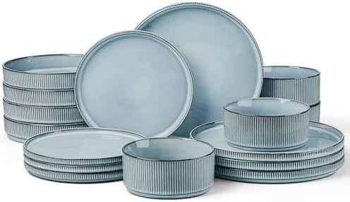 LIANYU Dinnerware Stoneware Sets with Pasta Bowls, 16 Piece Plates and Bowls Set for 4, Ribbed Dishes Set for Home, Microwave and Dishwasher Safe, Slate Blue by LIANYU