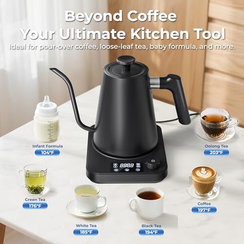 Gooseneck Electric Kettle, ±1°F Temperature Control Electric Kettle, 1.0L 1200W Fast Heating, 24H Keep Warm, 30Min Auto Memory, Food Grade Stainless Steel, Pour Over Kettle for Coffee and Tea - Image 4