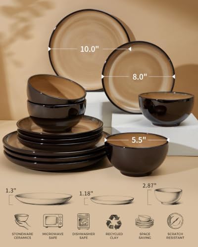 Pokini Stoneware Dinnerware Sets for 4, 12pcs Plates and Bowls Sets Dishes - Image 2