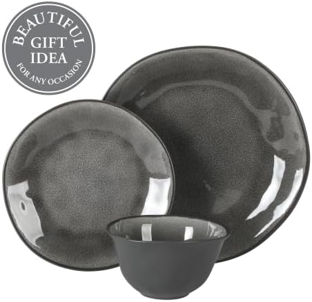 Gibson Elite Port Barton Plates and Bowls Sets, 12-Piece Stoneware Dinnerware Sets, Reactive Glaze Dish Set - Black - Image 4