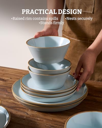 Famiware Saturn Plates and Bowls with Rim, Stoneware Dinnerware Sets for 6 - Image 6