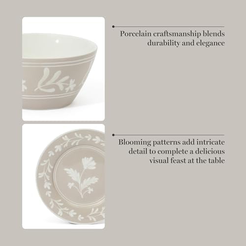 Martha Stewart Dinnerware Set - Maiden Crown 12-Piece Dish Set, Taupe – New Bone China Ceramic Plates & Bowls – Floral Design – Service for 4 – Microwave & Dishwasher Safe - Image 4