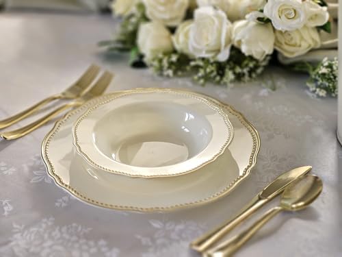 " OCCASIONS " 640pcs set (80 Guests)-Heavyweight Wedding Party Disposable Plastic Plate Set -80 x 10.25'' + 80 x 7.5'' + Silverware + Cups + Napkins (Rochelle Ivory & Gold) - Image 5
