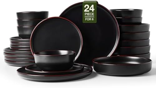 Famiware Mercury 24-Piece Dinnerware Set with Pasta Bowls, Matte Black by Famiware