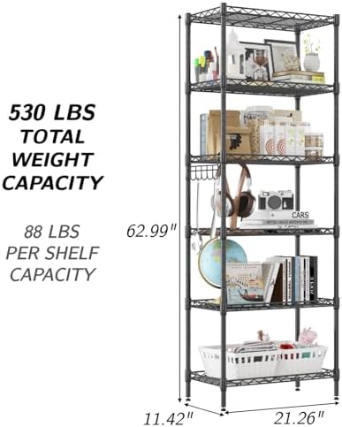 Homdox 6-Tier Storage Shelf Wire Shelving Unit Free Standing Rack Organization Adjustable Leveling Feet, Stainless Side Hooks, Black - Image 3