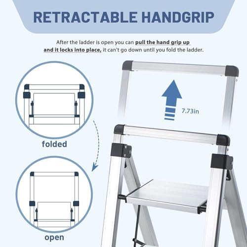XinSunho 3 Step Ladder, Aluminum Folding Stool with Retractable Handgrip - Image 3