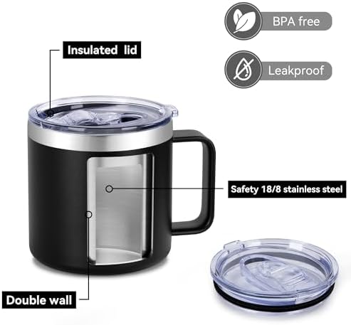 VEGOND 14 oz Insulated Coffee Mug with Handle, Stainless Steel Travel Coffee Mug with Lid, Double Wall Vacuum Metal Coffee Cup, Coffee Tumbler Powder Coated, Black 1 Pack - Image 4