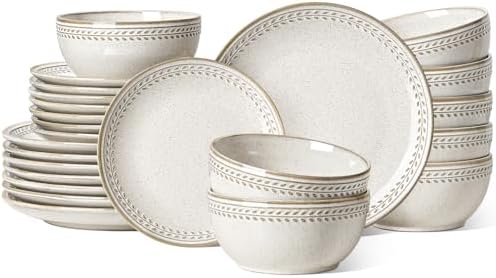 LE TAUCI 24 Piece Dinnerware Sets for 8, Large Plates and Bowls Sets, Ceramic Dishes Set for 8, Modern Stoneware Tableware, Chip Resistant, Ideal for Hosting, Reactive Beige (8"&10" Plate, 27oz Bowl) by LETAUCI
