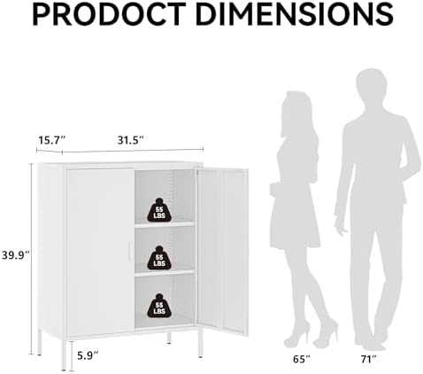 COFaR White Metal Storage Cabinet, 40” Kitchen Buffet & Coffee Bar Cabinet with Adjustable Shelves, 3-Tier Steel Organizer with Magnetic Doors, Sideboard for Dining Room, Home Office - Image 2