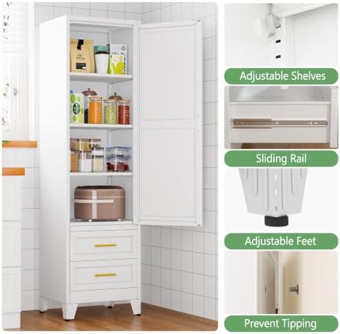 Ckzbx Tall Narrow Storage Cabinet, 66.93" H Tall Bathroom Cabinet Metal Pantry Cabinets with Drawers, 3 Adjustable Shelves, for Kitchen, Bathroom, Home Office, Living Room (White) - Image 4