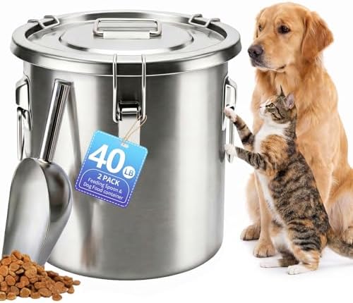 40LB Stainless Steel Dog Food Storage Container with Lid & Scoop, Large Dog Food Storage Container for Dry Pet Food, Metal Dog Food Container, Pet Food Storage Container for Kibble by PawtyPets