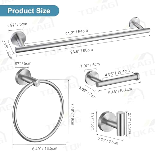 TQKAG Bathroom Towel Bar Holder Sets Brushed Nickel 23.6 Inch Round Stainless Steel Towel Bar Set 5 Piece Bathroom Accessory Set Wall Mounted - Image 6