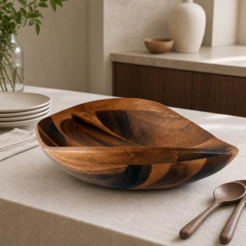 Arthur Court Wave Pattern Large Acacia Wood Salad Bowl - Modern Centerpiece for Fruits and Salads - 19 x 12 x 4 Inches - Image 2