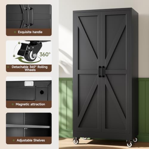 Letaya Metal Garage Storage Cabinet with Wheels,Large Black Kitchen Pantry - Image 5