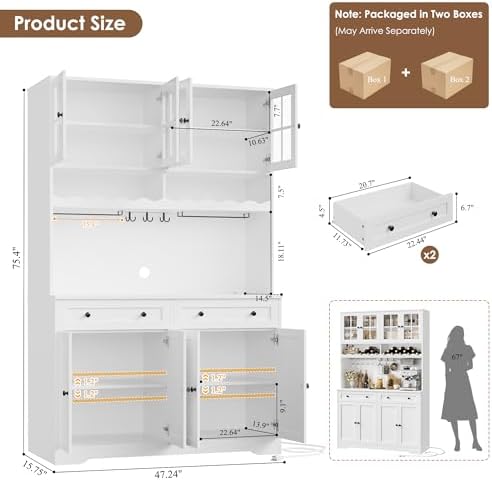 HOSTACK 75" Kitchen Pantry Storage Cabinet, Coffee Bar Hutch Cabinet, White - Image 3