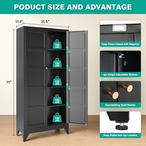 SISESOL Pantry Storages Cabinet with 2 Doors and 5 Shelves,Tall Storage Cabinet,Large Cupboard Closet,Metal Storage Cabinet for Home,Bathroom,Dining/Living Room (Black, 71" H) - Image 2