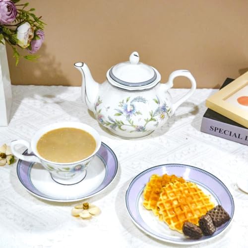 Bone China Tea Set, 21-Pieces Porcelain Tea Set for Adults, Tea Cups And Saucers for 6, with Teapot, Spoons, Sugar Bowl, Creamer Pitcher, Vintage Tea Set for Women Tea Party (Purple) - Image 4