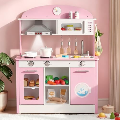 VEVOR Play Kitchen for Kids, Wooden, Kids Kitchen Playset with Real Lights & Sounds, Food & Cookware Accessories, Pretend Play Toy Set, Range Hood, Microwave, for Toddlers, Girls & Boys Ages 3-8, Pink by VEVOR