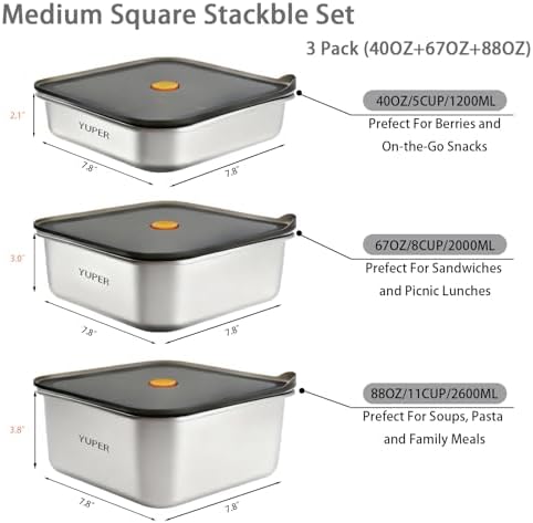 YUPER Stainless Steel Food Storage Containers, 3 Pack (40+67+88OZ) - Image 2