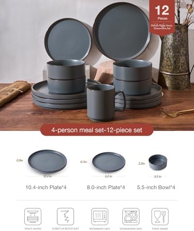 Famiware Nebula Ridge 12-Piece Stoneware Dinnerware Set, Charcoal - Image 2