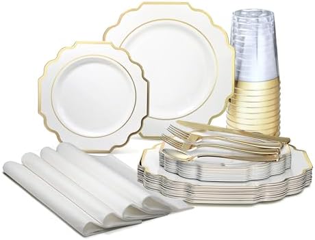 OCCASIONS Disposable Plastic Plates for 25 Guests (Imperial White & Gold) by OCCASIONSFINESTPLASTICTABLEWARE