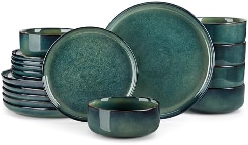 vancasso Starry 18 Pieces Dinnerware Sets for 6, Green Reactive Glaze Dishes Sets, Ceramic Plates and Bowls Set, Dinner Salad Dessert Plates, and Cereal Bowls Set, Dishwasher and Microwave Safe by vancasso