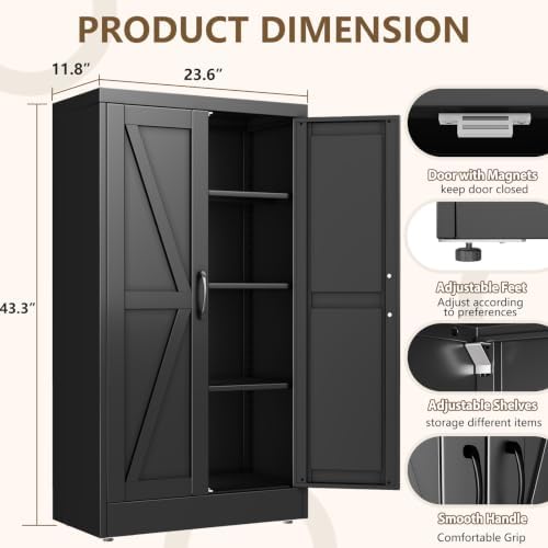 Black Metal Storage Cabinet, 43" Kitchen Pantry Cabinets for Office - Image 2