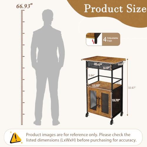 3 Tier Slim Rolling Coffee Cart with 2-Door & Pull-Out Wire Basket Drawer, Coffee Bar Cabinet on Lockable Casters, 32.7" H Microwave Cart with Storage for Home, Kitchen, Living Room (Rustic Brown) - Image 3