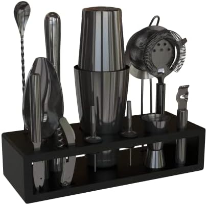 Highball & Chaser 13-Piece Gunmetal Black Stainless Steel Boston Cocktail Shaker Bar Tool Set with Mixology Bartender Kit Accessories by HighballChaser