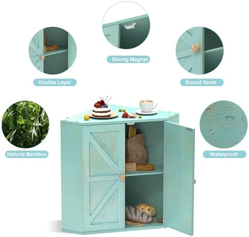Trironsun Corner Bread Box for Kitchen Counter Double Layer Bamboo Bread Storage Container Large Capacity Bread Storage Bin Farmhouse Breadbox Organizer (Antique Blue) - Image 4
