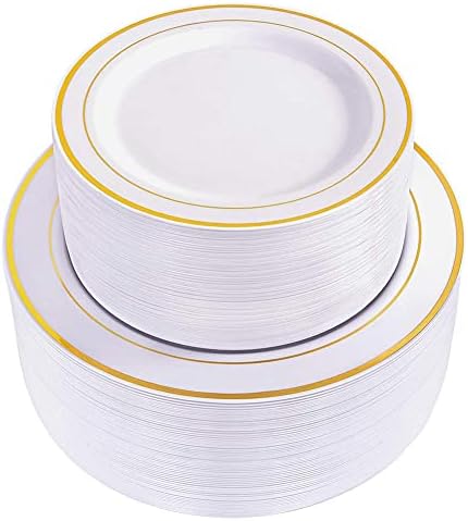 WDF 120 Pieces Gold Disposable Plastic Plates - White and Gold Plates Include Dinner Plate & Salad Plate for Party/Baby Shower/Wedding/Thanksgiving by WDF
