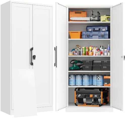 KAER Metal Storage Cabinet with Lock, 72" Steel Lockable Garage Storage Cabinet with 2 Doors & 5 Adjustable Shelves, White Freestanding Tool Storage Cabinet for Garage, Home Office, Kitchen, Warehouse by KAER