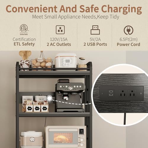 METYERRY Microwave Stand with Storage, 4-Tier Kitchen Bakers Rack with Power Outlet and USB Charging Ports, Rolling Kitchen Cart with Lockable Wheels and Adjustable Shelves for Coffee Bar, Black - Image 5